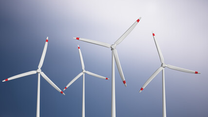 Loop animation realistic 3d wind turbine farm plants on clean blue copy space background. - 762138755