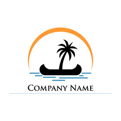 Fototapeta na wymiar canoe logo in the middle of the sea with palm trees on a white background