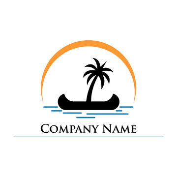 canoe logo in the middle of the sea with palm trees on a white background
