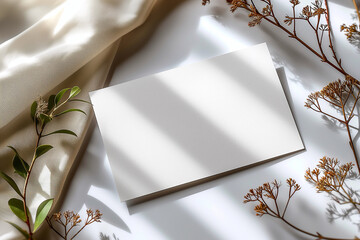 A blank white card sits on its envelope on a marble background with floral decorations and fabric scraps - obrazy, fototapety, plakaty
