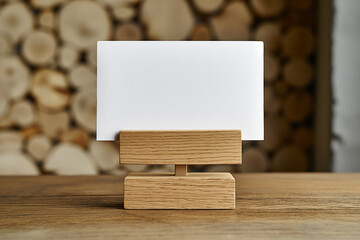 A pristine white card sits upright on a simple wooden stand