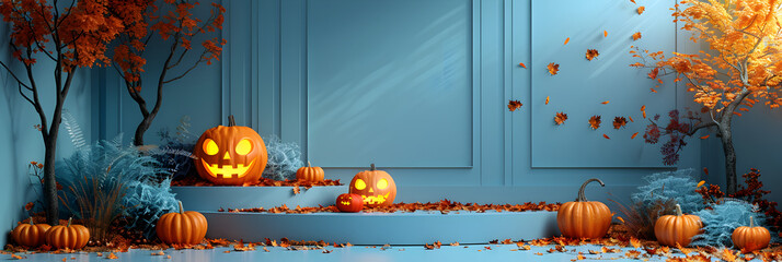 Halloween podium background pumpkin product plat ,
Halloween background with scary pumpkins in dark forest
