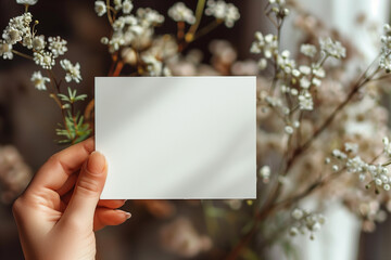 A hand holds a blank white card in front of a blurred floral background, perfect for a mockup