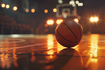 ballon de basketball sur un terrain de basket éclairé après le match - obrazy, fototapety, plakaty