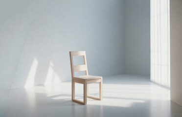 Fototapeta na wymiar Single chair in the empty white room. Liminal space interior background
