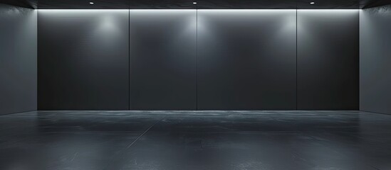 A dark room with a concrete floor and a black wall. The only touch of color comes from an electric blue rectangle on the wall, creating a striking contrast in the darkness