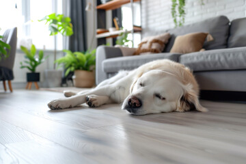 A dog resting on a light wooden floor in a modern living room