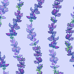 Watercolor salvia leaves seamless floral pattern on lilac background