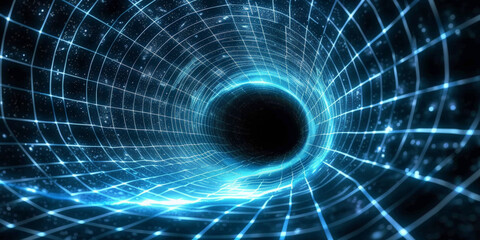 3d blue glowing grid tunnel with black hole,  Cosmic wormhole. Abstract blue grid tunnel banner