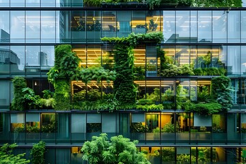 Glass office building in sustainable cityscape embodying ecofriendly corporate ethos. Concept Sustainable Architecture, Eco-Friendly Design, Urban Landscaping, Corporate Identity, Glass Facade