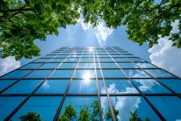Eco-Friendly Corporate Ethos: Glass Office Building in Sustainable Cityscape. Concept Sustainable Architecture, Eco-Friendly Practices, Corporate Responsibility, Glass Office Building
