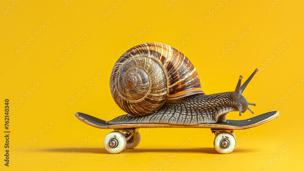 Wall mural snail on skateboard, isolated bright yellow background. close-up. the idea of giving boost to slow m