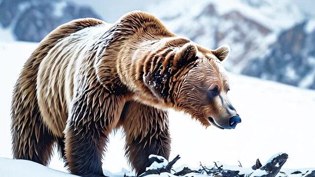 brown bear in winter snow mountain scenery