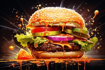 a burger with orange sauce splashing