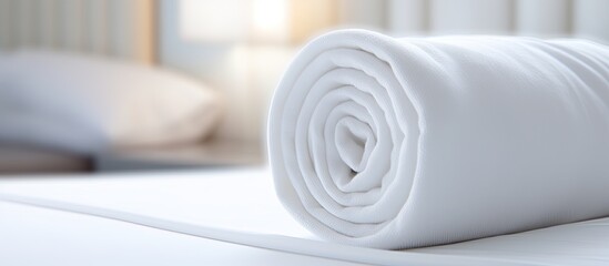A stack of white towels is elegantly displayed on a wooden table in the room, providing a touch of comfort and luxury to the bedding. The soft linens add a fashionable accessory to the space