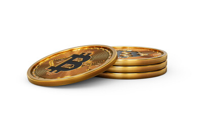 3d Stack Of Golden Cryptocurrency Bitcoin Shiny Rounded Coins Stack White Background 3d Illustration