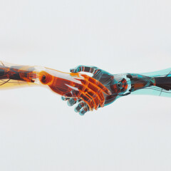 Obraz na płótnie Canvas This image represents the melding of humanity with technology, depicted by a handshake between a person and a robot