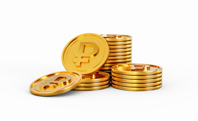 3d Stack Of Golden Russian Ruble Coins Shiny Rounded Coins Stack On White Background 3d Illustration