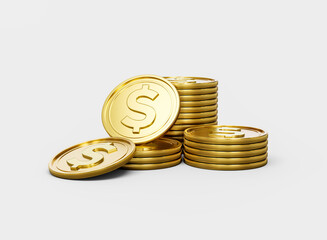 3d Stack Of Golden US Dollar Coins Shiny Rounded Coins Stack On White Background 3d Illustration
