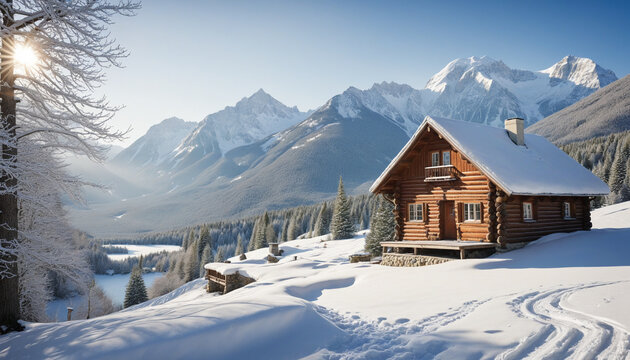 An old wooden cabin with smoke rising from its chimney surrounded by a snowy landscape