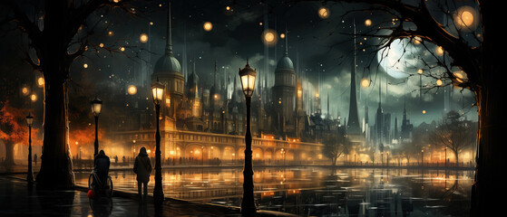 Silhouetted figures walk beside glowing street lamps on a rain-kissed boulevard, with the citys illuminated skyline in the background