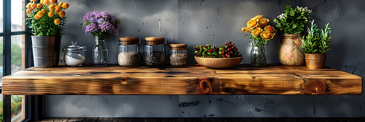 Kitchen podium background food product stand tab,
Product display on empty wooden table or counter in cafeteria bar or coffee shop
 - obrazy, fototapety, plakaty
