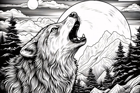 a black and white drawing of a wolf howling at the moon