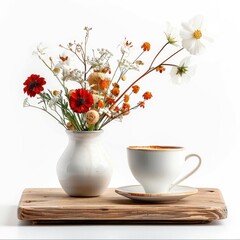 Coffee Flowers Vase On Wood Table On White Background, Illustrations Images