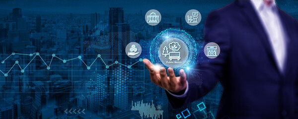 idea in the public sector. government, infrastructure provision for people, health, education, and municipal services. A person is holding the virtual screen's public sector symbol.
