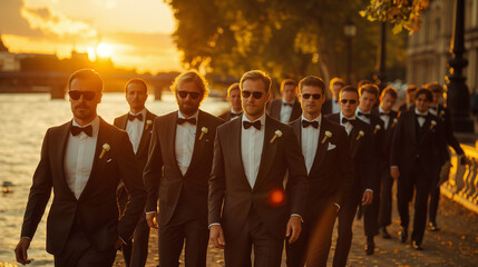 A group of men in suits on the banks of the Thames, London. - obrazy, fototapety, plakaty