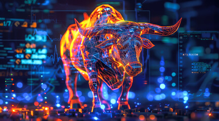 An angry bull is depicted engaging in trading activities with a computer. The concept revolves around the bull market in both traditional stock markets and the cryptocurrency. Generative AI. - obrazy, fototapety, plakaty