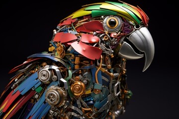 Intricate Steelpunk metallic parrot. Art nature. Generate Ai