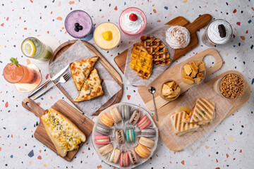 Cafe, coffee, macaron, ade, cheese, ham, panini, sweet potato, croque monsieur, grapefruit, dalgona, latte, fresh fruit, smoothie, shake, corn cheese, hot dog, croiffle, croissant, waffle