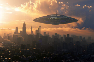 UFO flying over the city at sunset - 762142504
