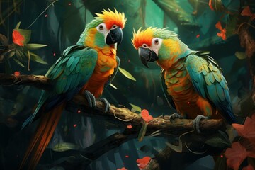 Exotic Tropical forest parrots. Colorful nature. Generate Ai