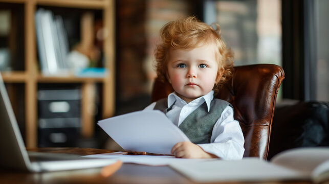 Toddler CEO at desk with papers and laptop. - Powered by Adobe