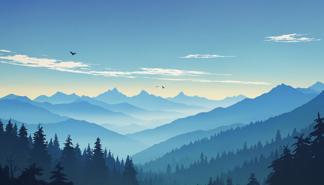Serene Mountain Landscape with Blue Silhouettes, Forest, and Sky