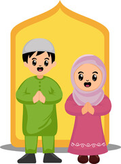 cute cartoon muslim boy and girl greeting happy eid celebration