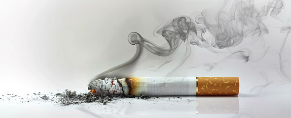 Smoldering cigarette with tobacco smoke and ash isolated on white background. Close-up. Banner with copy space. Generative AI - Powered by Adobe
