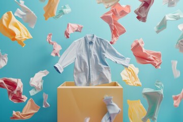 many new fashion clothes fly out of the soft color package box, soft color background
