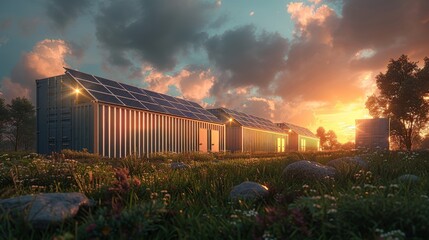 3D Rendering Solar container units. Concept of a white industrial battery energy storage container - obrazy, fototapety, plakaty