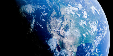 view of Earth from space, showcasing vast oceans, intricate cloud patterns, and diverse landforms....