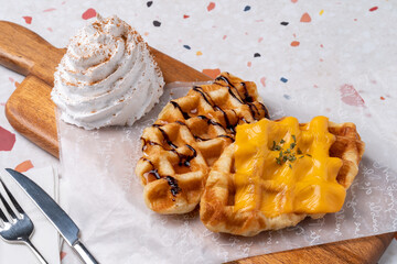 Cafe, coffee, macaron, ade, cheese, ham, panini, sweet potato, croque monsieur, grapefruit, dalgona, latte, fresh fruit, smoothie, shake, corn cheese, hot dog, croiffle, croissant, waffle