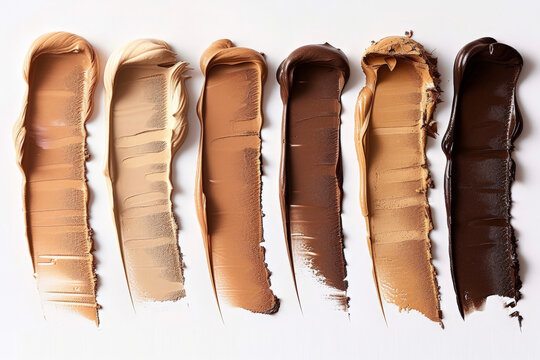 six shades of liquid cream foundation swatches on white background with different strokes and shapes. 