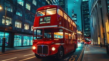 A classic red double-decker bus traversing a bustling city street, its polished chrome accents gleaming under the glow of streetlights against a backdrop of towering skyscrapers.