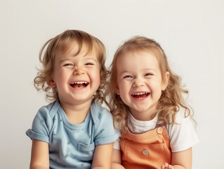 Two happy toddlers laughing together, epitomizing innocent joy and sibling camaraderie.