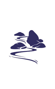recommend clip art: blue small waterfall flowing between rocks and grasses silhouette in vector illustration
