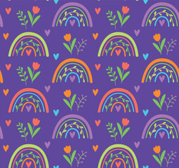 Seamless pattern with rainbows, flowers, leaves and hearts. Vector background in flat style.	