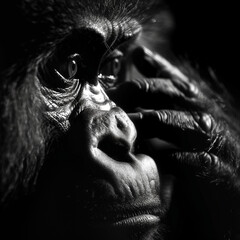 Close up of gorilla face, black and white grayscale gorilla 