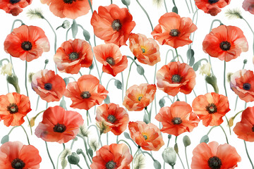 Fototapeta premium Seamless pattern of vibrant red poppies with green stems on a white background. Floral design for textile, wallpaper, and springtime decoration concept, generative ai